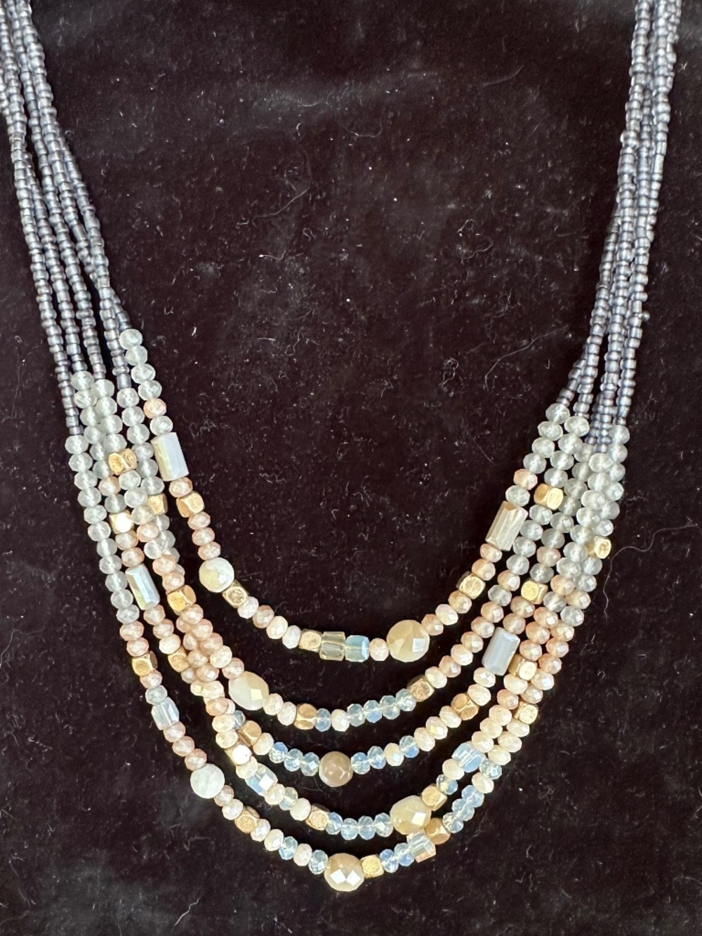 Boho Multi-Strand Gemstone Statement Necklace Gray Gold Blue - Picture 5 of 15